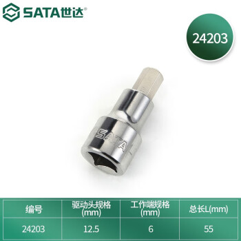 SATA/世达 旋具套筒，12.5mm系列50mm长六角6mm，24203