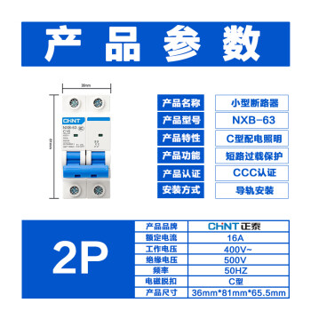 CHINT/正泰 微型断路器 ,NXB-63 2P 16A C型