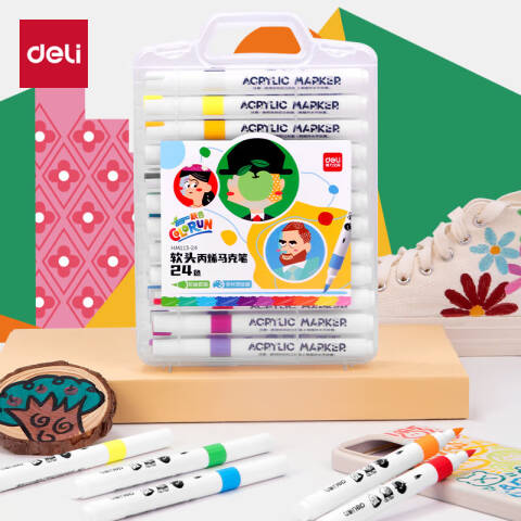Deli/得力 HM113-24有点艺思软头丙烯马克笔(混)(24支/盒)