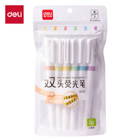 Deli/得力 SK192抗晕染双头荧光笔-荧光笔霁月色系(混)(6支/袋)