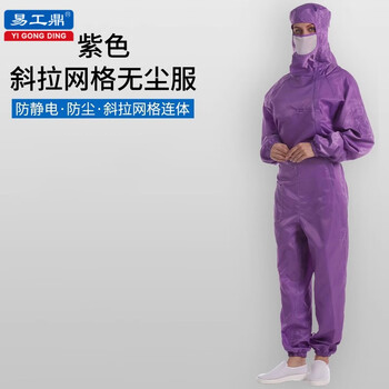 易工鼎 防静电斜拉链连体服防尘网格洁净服 斜拉三连体网格无尘服 紫色 S