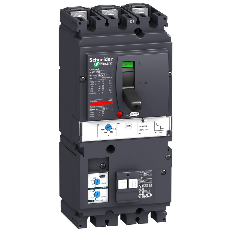 施耐德 NSX塑壳漏电保护断路器 VIGINSX160F MH TM100D 3P3D (3P) 固定式前接线