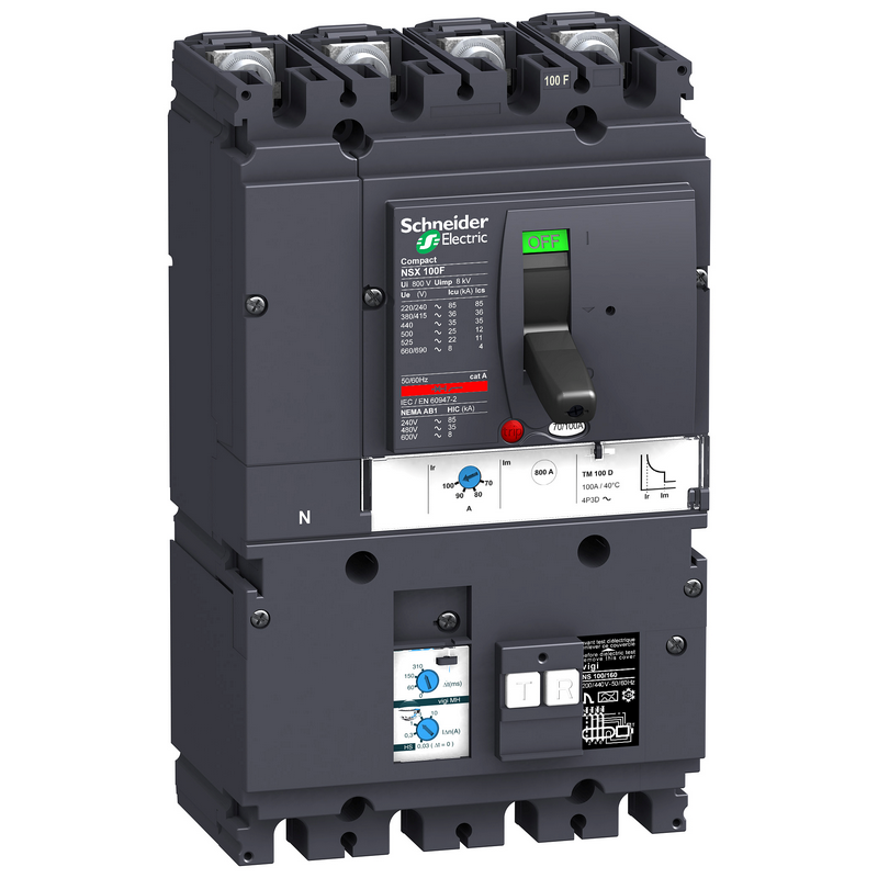 施耐德 NSX塑壳漏电保护断路器 VIGINSX100F MH TM25D 4P3D (3P+N) 固定式前接线